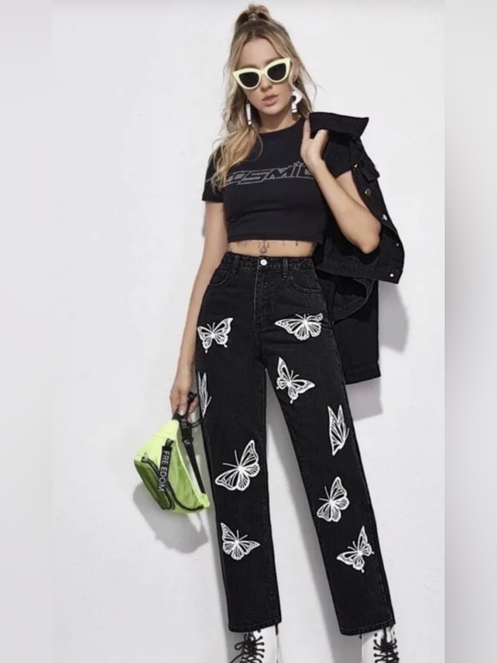 Black Butterfly Print High-Waist Jeans for Women
